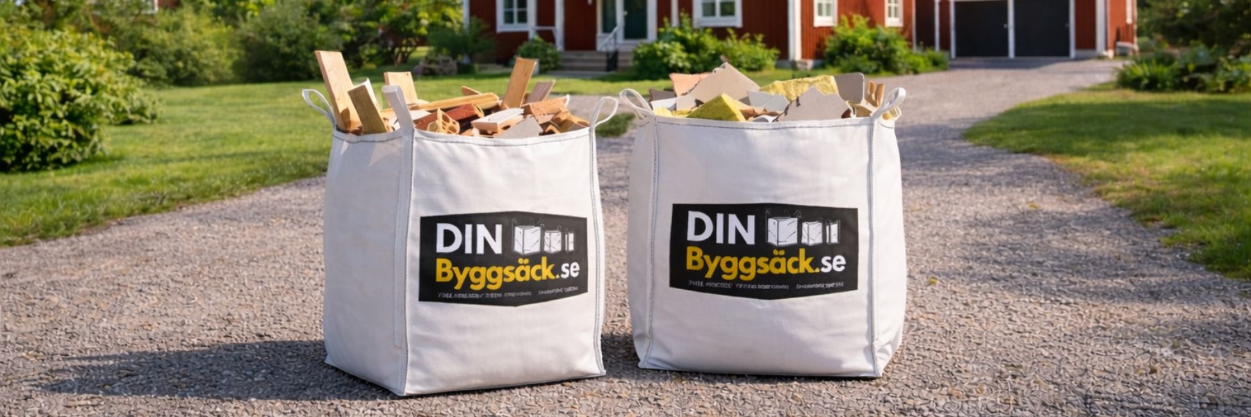 Byggsäckar placerade på uppfart vid villa för hantering av byggavfall